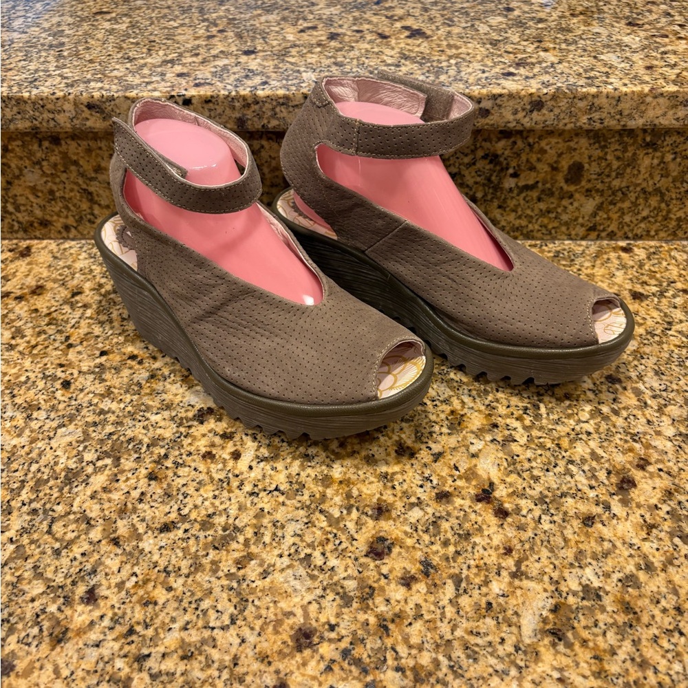 Fly London Yala Gray Perforated Leather Peep Toe Wedge Sandals  41 US 10-10.5